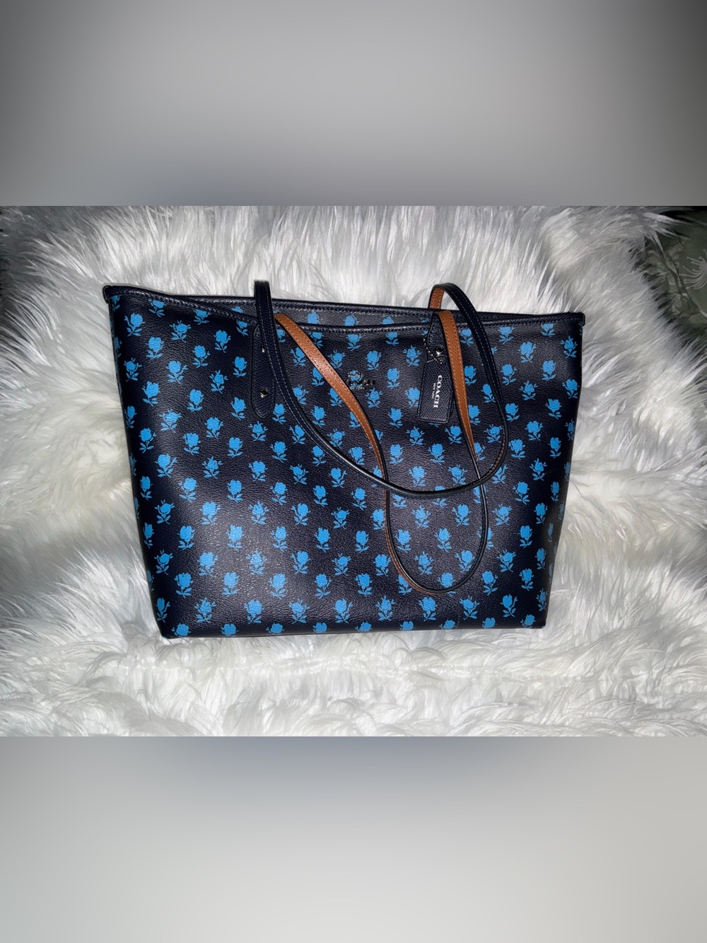 Coach Tote with Blue Floral Pattern and Brown Handles